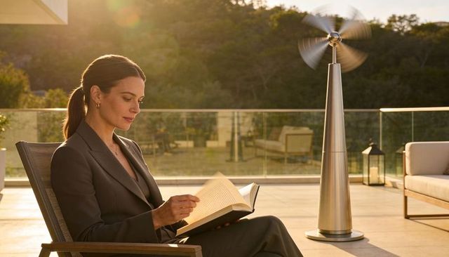 Businesswoman reading paperback on sunlit terrace near sleek stainless steel fan at golden hour