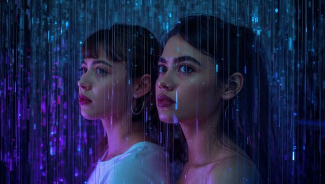 Neon-drenched portrait featuring two Asian women standing in digital rain, cinematic fashion