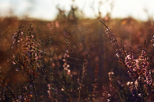 Spider web in golden sunlight among autumn flowers creates a tranquil scene. Ideal for themes of nature, tranquility, and delicate beauty. Could be used for backgrounds, nature blogs, relaxation content, and seasonal promotions.