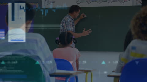 Teacher Engaging Classroom Amid Data Animation Overlay