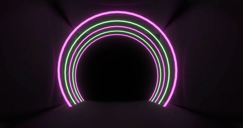 Pulsating neon light arches on dark background