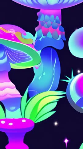 Pulsing Neon Mushrooms and Glowing Orbs Floating in Star-Speckled Cosmic Vertical Video