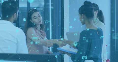 Business Team Meeting with Digital Network Overlay