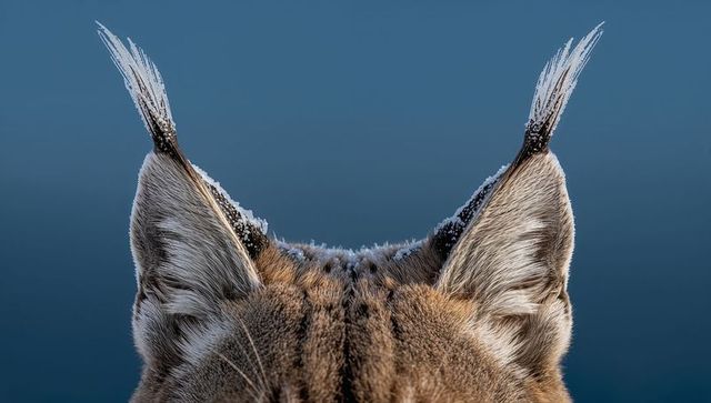 Frosted lynx ear tufts showing winter frost on tufted ears and dense fur close-up