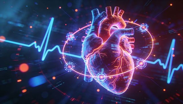 Rotating holographic human heart with ecg waveform and neon hud ring for ai-powered cardiac diagnost
