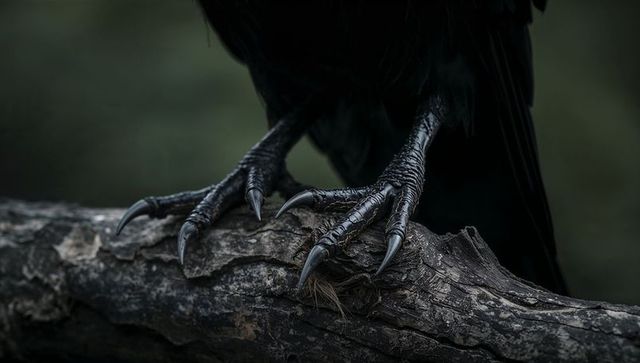 Raven Talons Gripping Aged Tree Branch in Lush Forest Ambiance