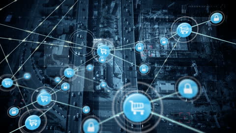 Digital Network of Global Commerce Over Cityscape Concept