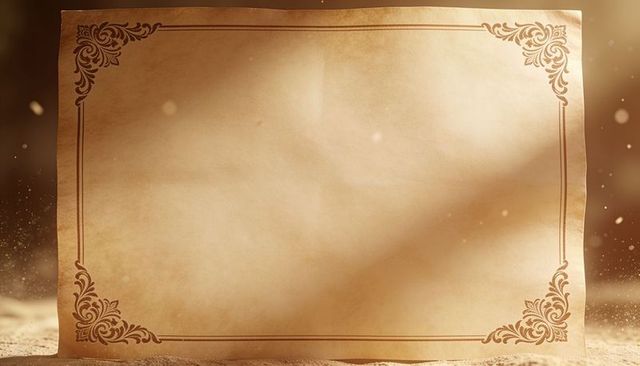 Vintage aged parchment certificate with ornate corner borders on sandy sepia background