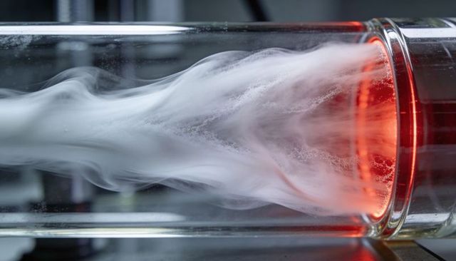 Vapor plume flowing through glass tube with red-orange cap for lab flow visualization