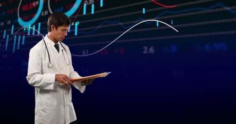 Doctor Analyzing Medical Data on Digital Finance Graph