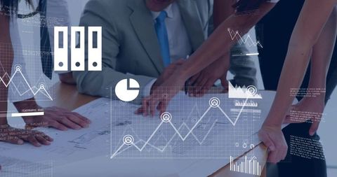 Business team analyzing blueprints and financial data with HUD overlays and analytics