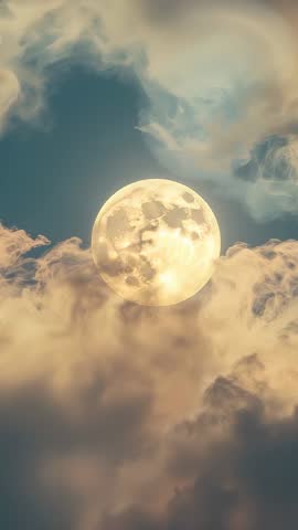 Vertical Timelapse Full Moon Emerging Through Swelling Golden Clouds Over Teal Sky