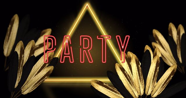 Neon Triangle Party Text on Black with Gold and Black Leaves - Download Free Stock Images Pikwizard.com