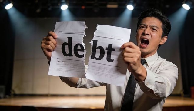 Asian man tearing 'debt' paper on stage under spotlight protesting financial stress