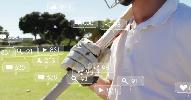 Caucasian Male Cricket Player with Social Media Activity Icons in Outdoor Field - Download Free Stock Images Pikwizard.com