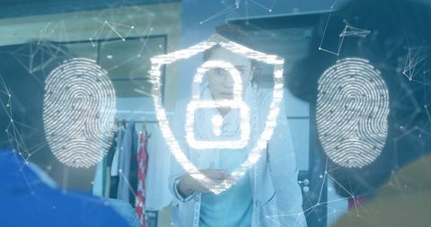Digital security icon overlaying corporate meeting