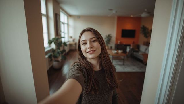 Woman taking selfie in cozy modern living room wearing knit sweater and hoop earrings