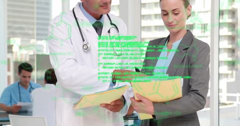 Healthcare Professionals Analyzing Report with Digital Overlay