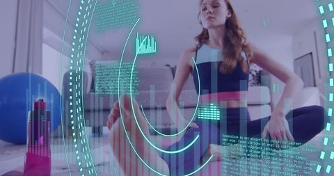 Futuristic Fitness Interface with Woman Stretching at Home