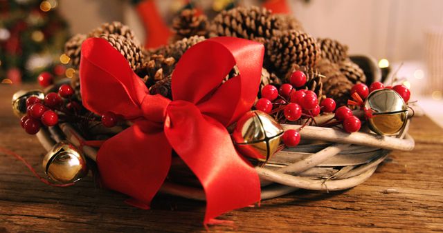 Grapevine wreath with red ribbon and pine cone on wooden table during christmas time 4k
