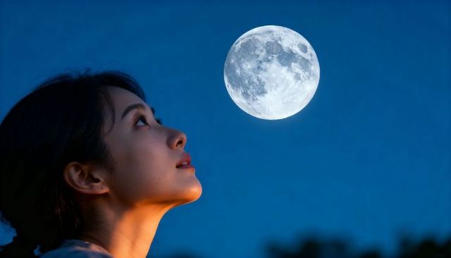 Woman gazing at full moon in deep blue twilight, serene nighttime profile with moon glow