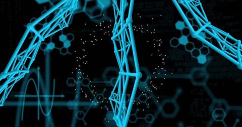 Rotating cyan 3D wireframe lattice showing hexagonal motifs, glowing code and data