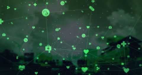 Glowing Green Digital Health Icons Against Urban Backdrop - Download Free Stock Images Pikwizard.com