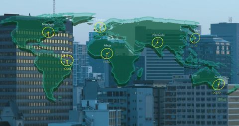 Global business and technology connections over cityscape