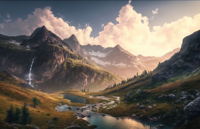 Scenic landscape with mountains, stream and sky with clouds, created using generative ai technology. Scenery and beauty in nature concept digitally generated image.