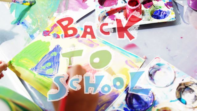 Colorful animated scene with children engaging in art activities at school while 'Back to School' text emphasizes excitement. Ideal for educational content, promotional materials related to school openings or art programs, and back-to-school campaigns.