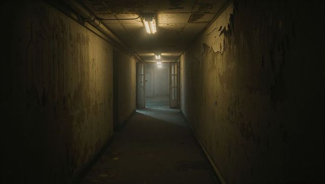 Eerie abandoned corridor with flickering lights and decay