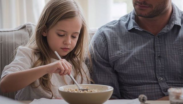 Young girl stirring cereal while father watching at cozy home breakfast, family bonding
