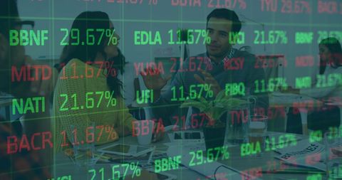 Colleagues Discussing Finances Amidst Stock Market Projections