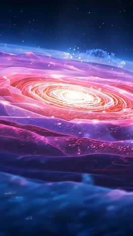 Approaching Glowing Spiral Galaxy Vertical Clip Revealing Luminous Core Rings and Particles