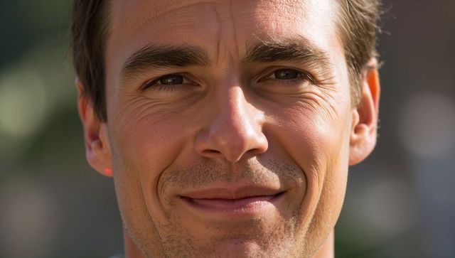 Smiling adult male close-up showing skin texture, crow's feet, stubble, natural light