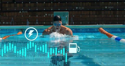Swimmer surfacing through lap pool with digital performance data overlay tracking speed and energy