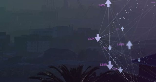 Network graph with percentages over urban skyline at dusk