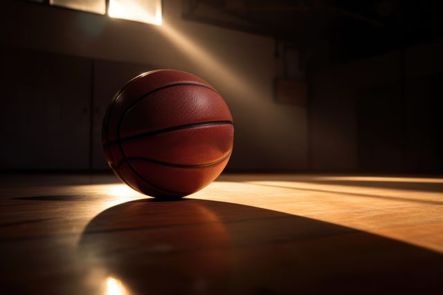 Basketball lying on a gym floor with dramatic lighting seeping through a window, casting shadows. Could be used for sports-themed promotions, gym advertisements, articles about basketball, inspirational sports quotes, fitness guides, or school athletic programs.