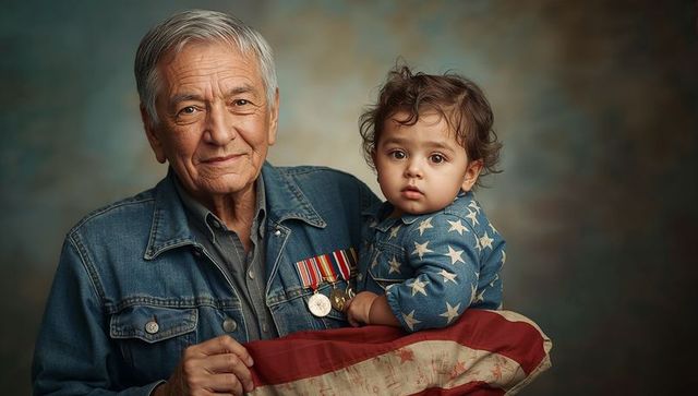 Elderly veteran holding toddler with us flag, illustrating generational patriotism