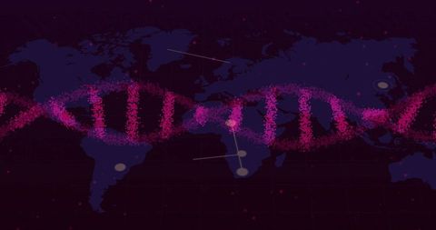Stylized DNA Helix with Dotted Patterns on World Map Background