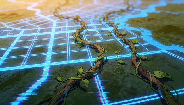 Organic vines crawling across luminous cyan grid map with neon city lines