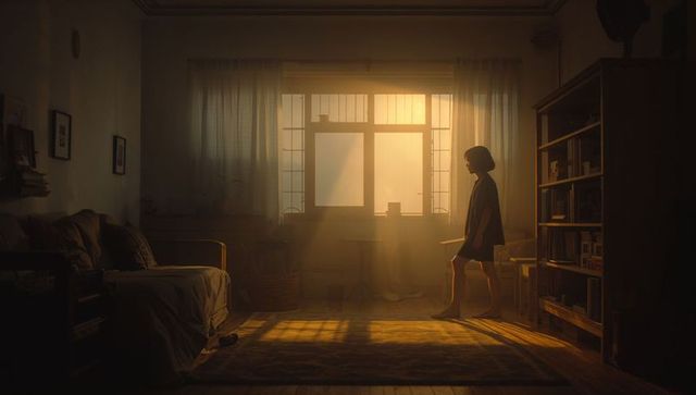 Woman standing by window bathed in golden sunlight in cozy living room at sunrise