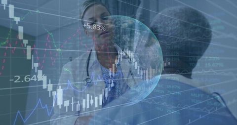 Doctor analyzing medical data with financial charts overlay