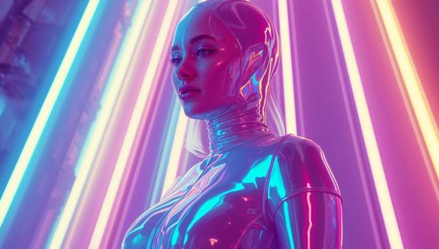 Futuristic neon dream: model in metallic bodysuit with neon lights