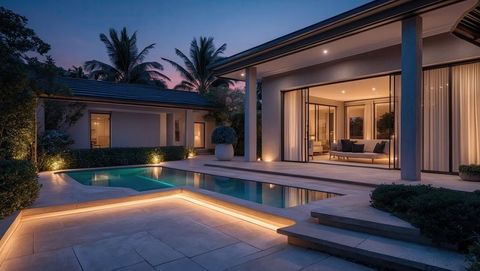Modern luxury villa patio with led pool lights at dusk