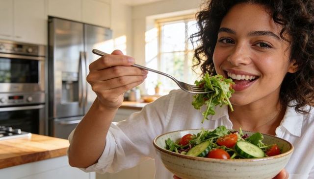 Smiling young woman enjoying fresh salad in sunlit modern kitchen, healthy lifestyle