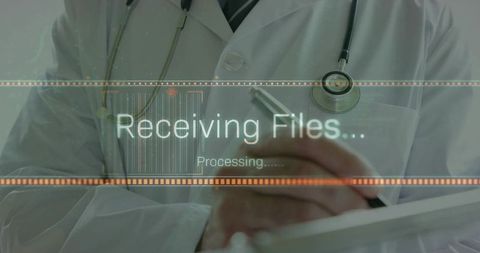 Doctor using tablet with hud receiving files overlay for digital clinical record workflow