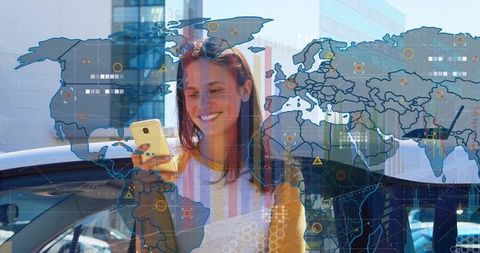 Young woman using smartphone with global data overlays in smart city connectivity concept