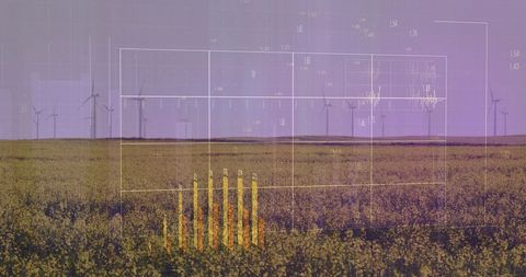 Financial data over wind turbines in agricultural landscape
