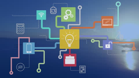 Digital Network Icons Over Serene Sunset Seascape